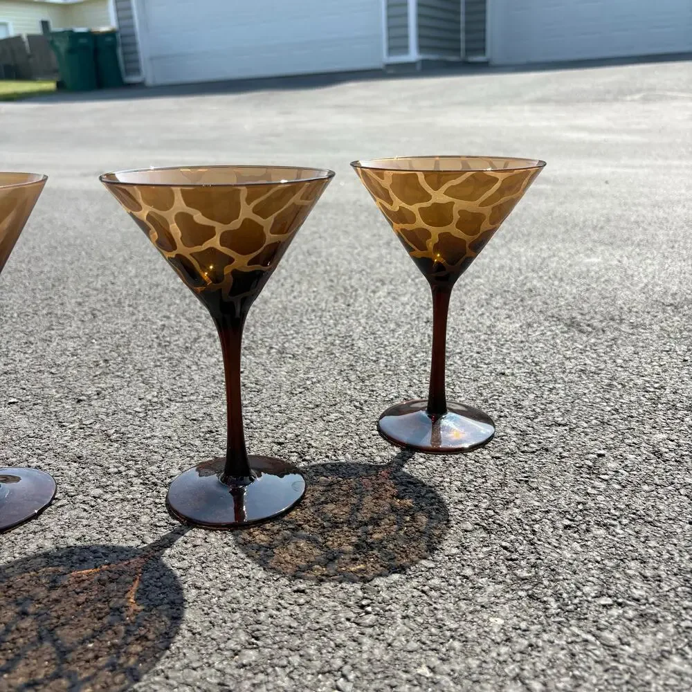 1990’s Blown Glass Brown Tortoise and Zebra Matte Vintage Martini Glasses
